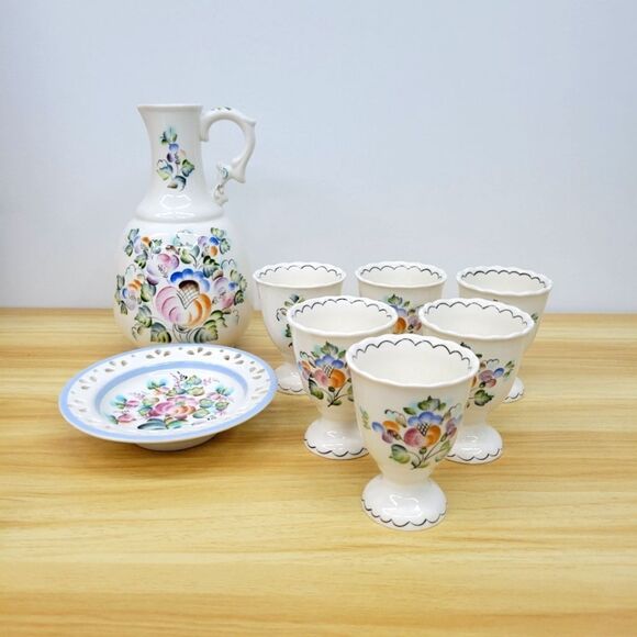 Vintage Russian Folk Art Handpainted Floral Pitcher Cups & Plate - Picture 1 of 16
